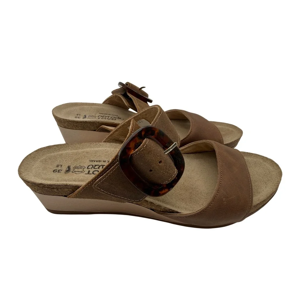 Naot Wedge Slide Sandals Womens 39 L8 Brown Excellent Tortoise Buckle Leather